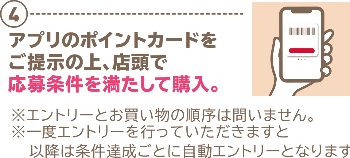 ④アプリのポイントカードをご提示の上、店頭で応募条件を満たして購入。