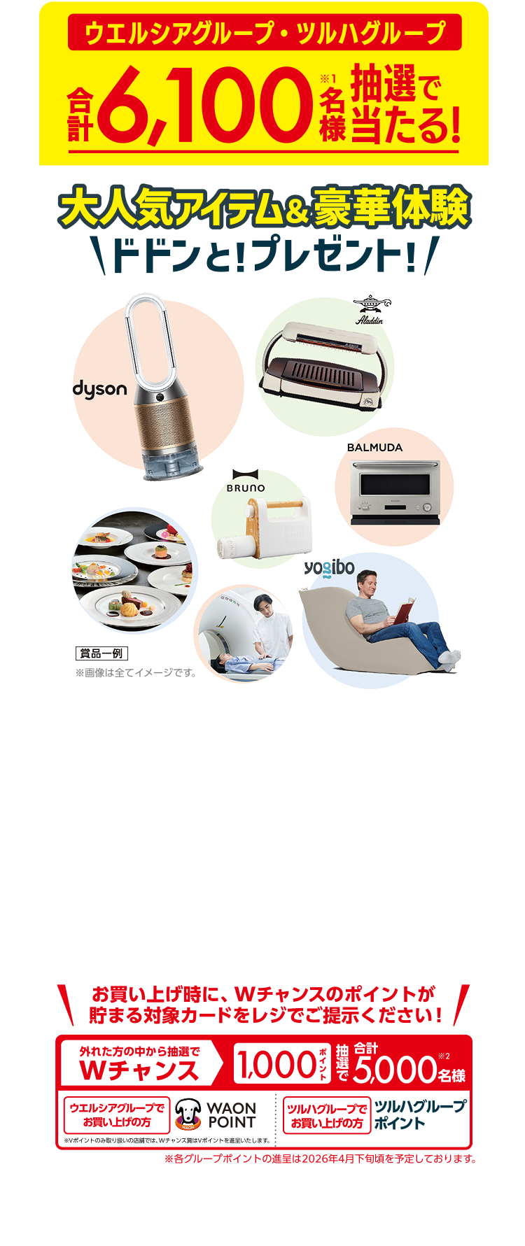 ウエルシアグループ・ツルハグループ合計6,100名様（※1）抽選で当たる！大人気アイテム&豪華体験ドドンと！プレゼント！ 賞品一例 お買い上げ時に、Wチャンスのポイントが貯まる対象カードをレジでご提示ください！ 外れた方の中から抽選でWチャンス1,000ポイント 抽選で合計5,000名様（※2）ウエルシアグループでお買い上げの方 WAON POINT ※Vポイントのみ取り扱いの店舗では、Wチャンス賞はVポイントを進呈いたします。 ツルハグループでお買い上げの方 ツルハグループポイント ※各グループポイントの付与は2026年4月下旬頃を予定しております。 ※1：各応募コースの当選者数は、ウエルシアグループでお買い上げのお客様とツルハグループでお買い上げのお客様で、それぞれ半数ずつになります。※2：ウエルシアグループでお買い上げのお客様には抽選で2500名様にWAON POINT（ウェルバークはウェルパークポイント）をツルハグループでお買い上げのお客様には抽選で2.500名様にツルハグループポイントを進呈いたします。ポイントの種類はお選びいただけます。