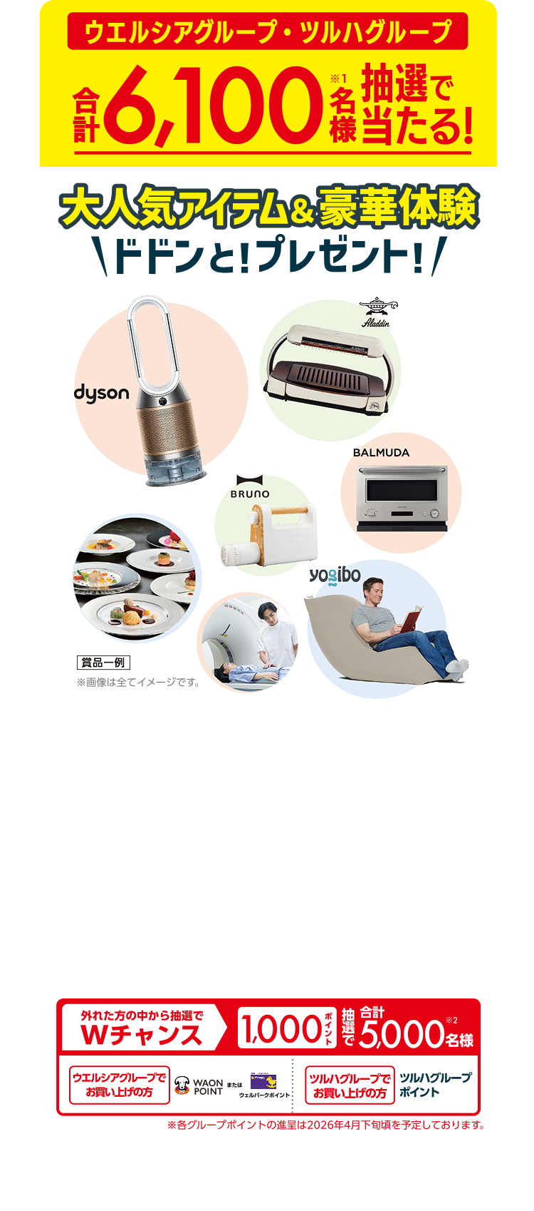 ウエルシアグループ・ツルハグループ 合計6,100(※1)名様当たる!抽選で当たる! 大人気アイテム&豪華体験 ドドンと!プレゼント! 賞品一例 ※画像は全てイメージです。 外れた方の中から抽選でWチャンス 1000ポイント抽選で合計5,000(※2)名様 ウエルシアグループでお買い上げの方:WAON POINT または ウェルパークポイント ツルハグループでお買い上げの方:ツルハグループポイント ※各グループポイントの付与は2026年4月下旬頃を予定しております。 ※1:各応募コースの当選者数は、ウエルシアグループでお買い上げのお客様とツルハグループでお買い上げのお客様で、それぞれ半数ずつになります。 ※2:ウエルシアグループでお買い上げのお客様には抽選で2,500名様にWAON POINT (ウェルパークはウェルパークポイント) を、ツルハグループでお買い上げのお客様には抽選で2,500名様にツルハグループポイントを進呈いたします。ポイントの種類はお選びいただけません。