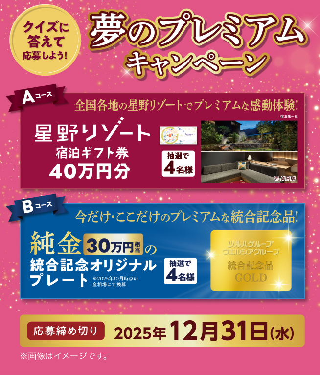 誣生記念キャンペーン2 Aコース クイズに答えて応募!クイズに答えて応募しよう! 夢のプレミアムキャンペーン Aコース 全国各地の星野リゾートでプレミアムな感動体験! 星野リゾート宿泊ギフト券40万円分 抽選で4名様 宿泊先一覧 Bコース 今だけ・ここだけのプレミアムな統合記念品! 純金30万円相当の統合記念オリジナルプレート 抽選で4名様 ※2025年10月時点の金相場にて換算 応募締め切り 2025年12月31日 (水) 23:59