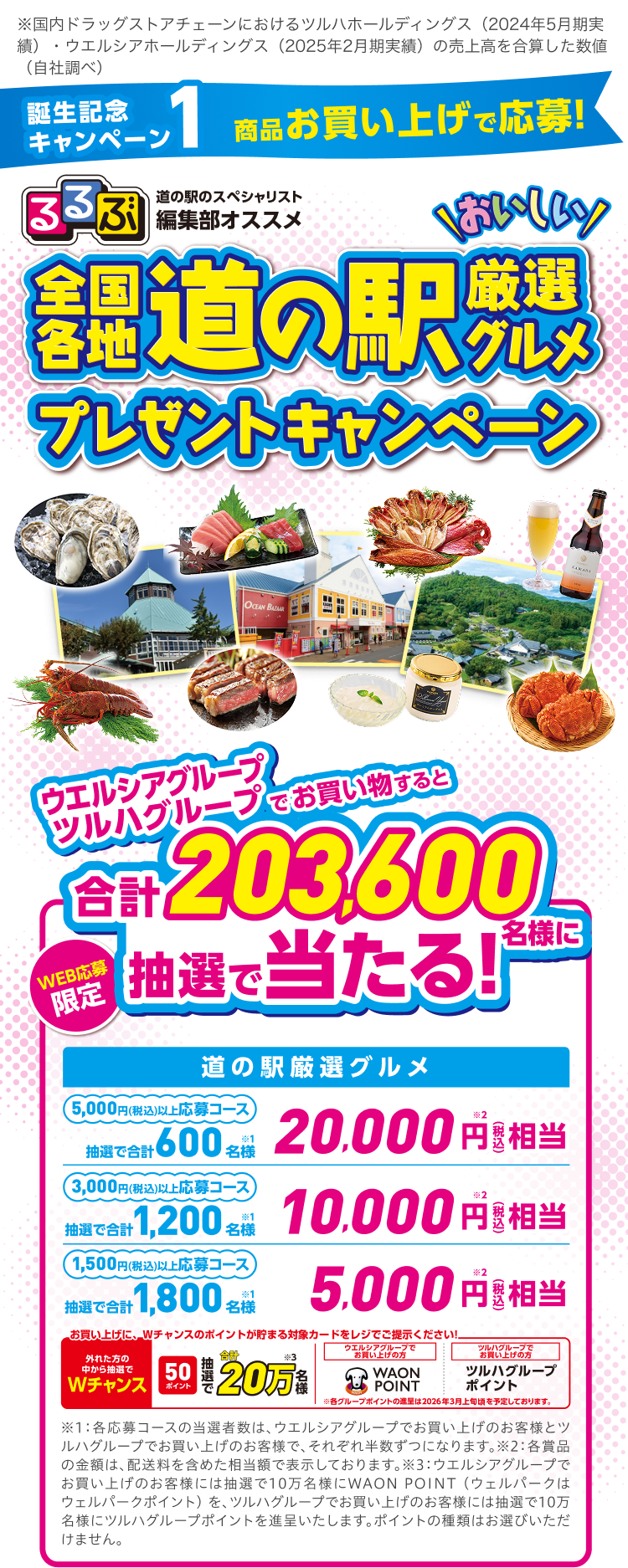 ※国内ドラッグストアチェーンにおけるツルハホールディングス（2024年5月期実績）・ウエルシアホールディングス（2025年2月期実績）の売上高を合算した数値（自社調べ） 誣生記念キャンペーン1 商品お買い上げで応募! るるぷ道の駅のスペシャリスト 編集部オススメ 全国各地おいしい道の駅厳選グルメプレゼントキャンペーン ツルハグループ・ウエルシアグループでお買い物すると合計203,600名様に抽選で当たる! WEB応募限定 道の駅厳選グルメ 累計5,000円 (税込) 以上応募コース 抽選で合計600名様※1 20,000円相当※2 累計3,000円 (税込) 以上応募コース 抽選で合計1,200名様※1 10,000円相当※2 累計1,500円 (税込) 以上応募コース 抽選で合計1,800名様※1 5,000円相当※2 お買い上げに、Wチャンスのポイントが貯まる対象カードをレジでご提示ください! 外れた方の中から抽選でWチャンス 50ポイント抽選で合計20万名様※3 ウエルシアグループでお買い上げの方 WAON POINT ツルハグループでお買い上げの方 ツルハグループポイント ※各グループポイントの付与は2026年3月上旬頃を予定しております。 ※1：各応募コースの当選者数は、ウエルシアグループでお買い上げのお客様とツルハグループでお買い上げのお客様で、それぞれ半数ずつになります。※2：各賞品の金額は、配送料を含めた相当額で表示しております。※3：ウエルシアグループでお買い上げのお客様には抽選で10万名様にWAON POINT (ウェルパークはウェルパークポイント) を、ツルハグループでお買い上げのお客様には抽選で10万名様にツルハグループポイントを進呈いたします。ポイントの種類はお選びいただけません。