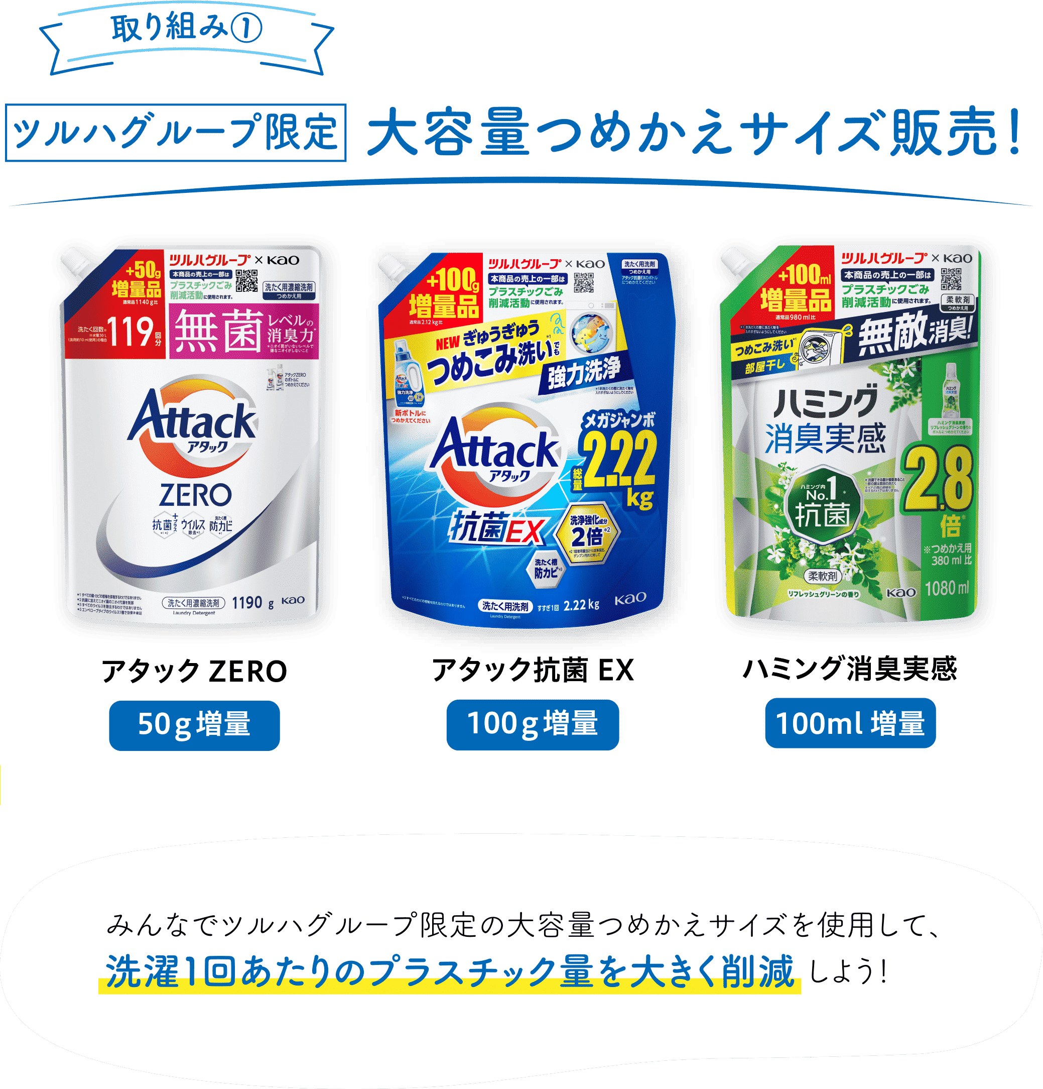 【取り組み①】ツルハグループ限定 大容量つめかえサイズ販売！みんなでツルハグループ限定の大容量つめかえサイズを使用して、洗濯1回あたりのプラスチック量を大きく削減しよう！