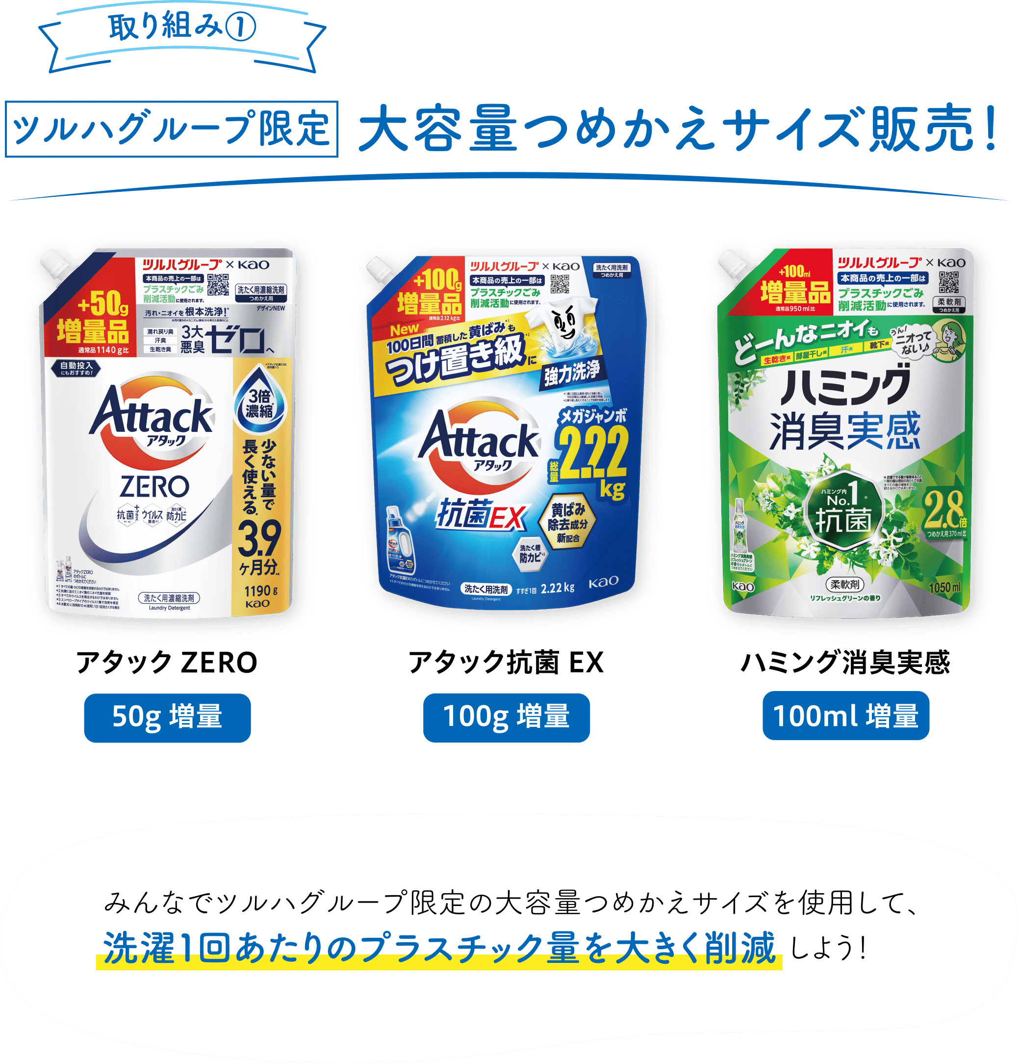 【取り組み①】ツルハグループ限定 大容量つめかえサイズ販売！みんなでツルハグループ限定の大容量つめかえサイズを使用して、洗濯1回あたりのプラスチック量を大きく削減しよう！